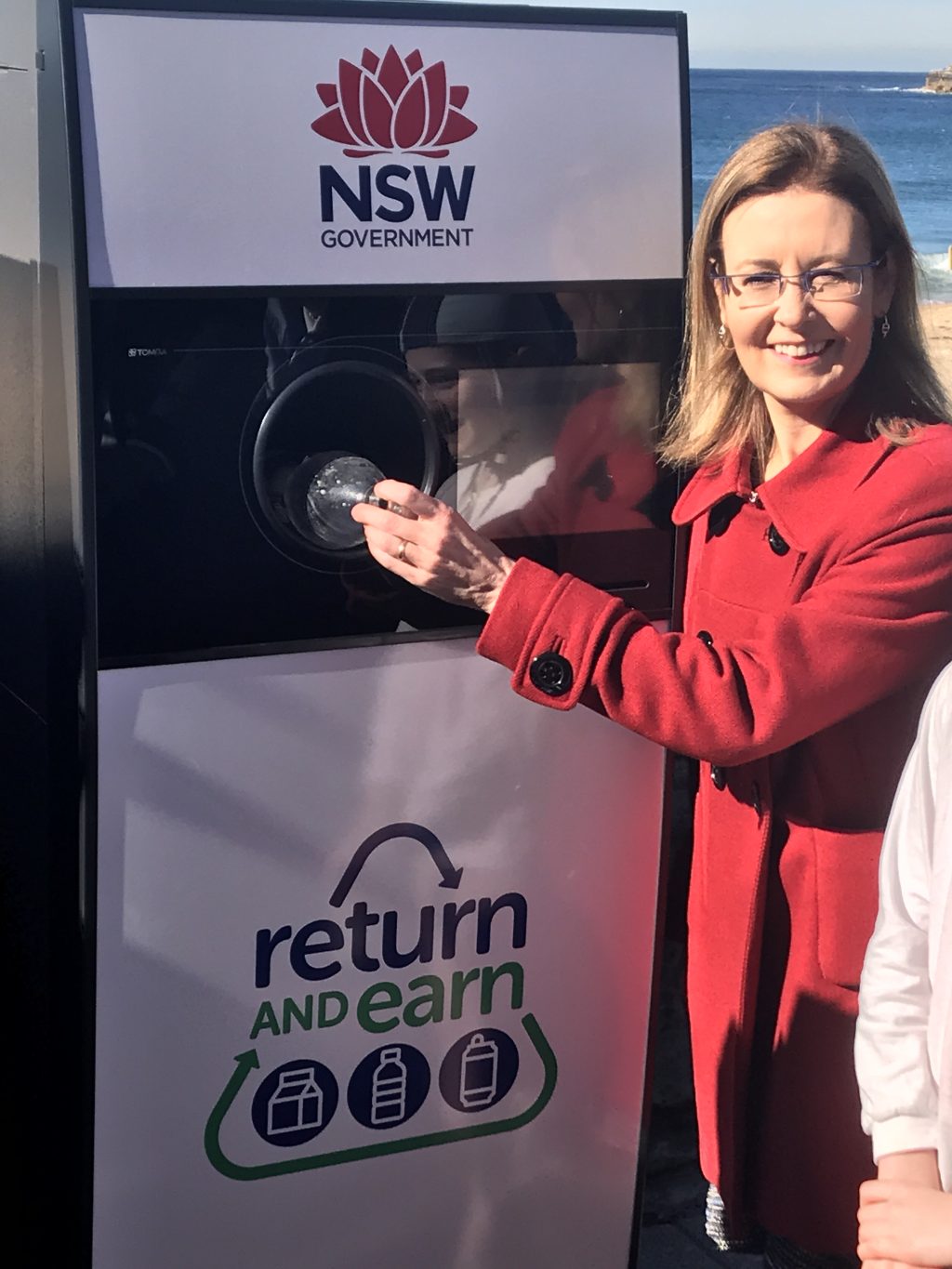 NSW Environment Minister Gabrielle Upton at the announcement of "Return and Earn" at Coogee Beach, NSW.